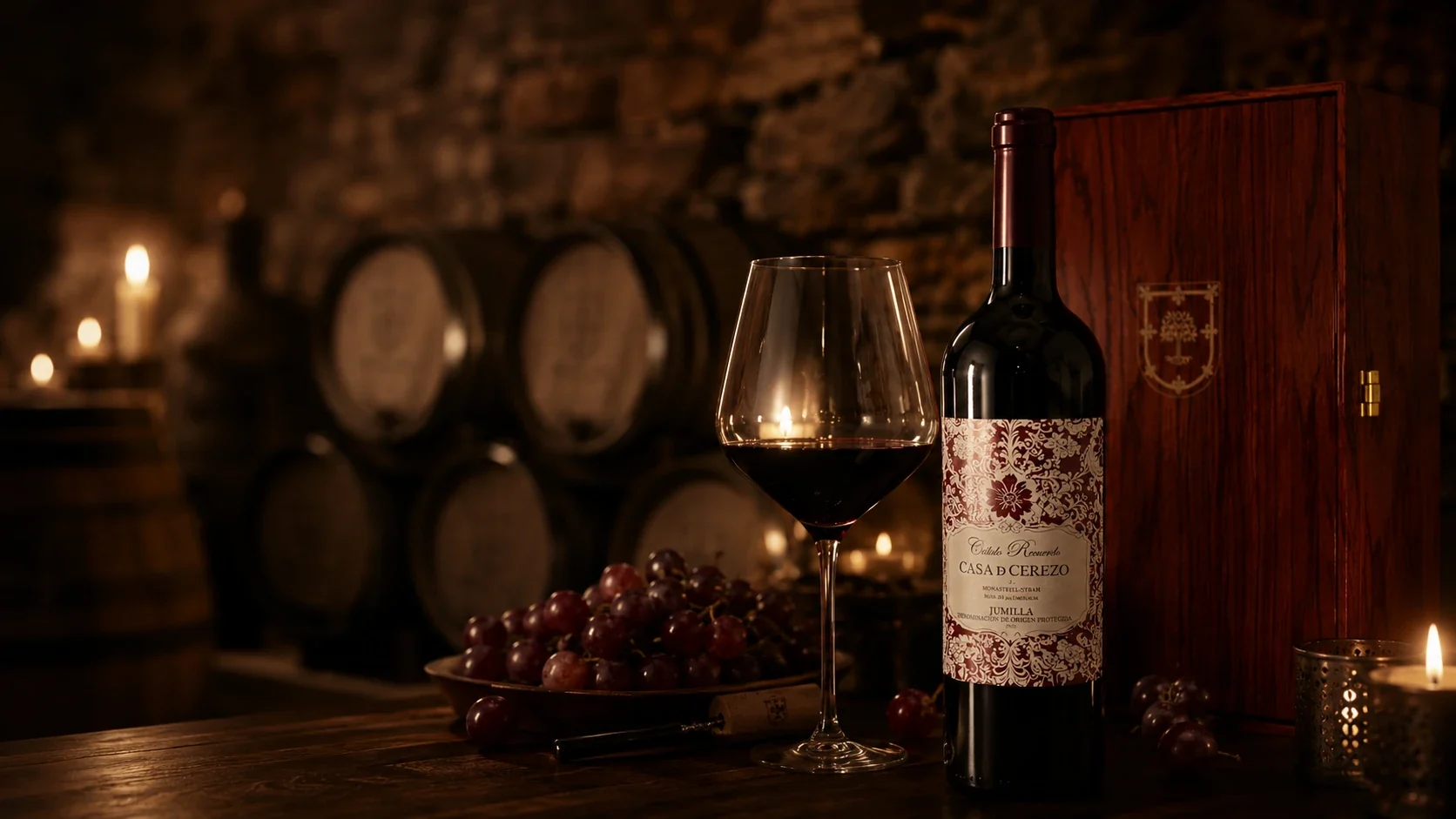 Barricas de la bodega con botella y caja de vino Casa de Cerezo