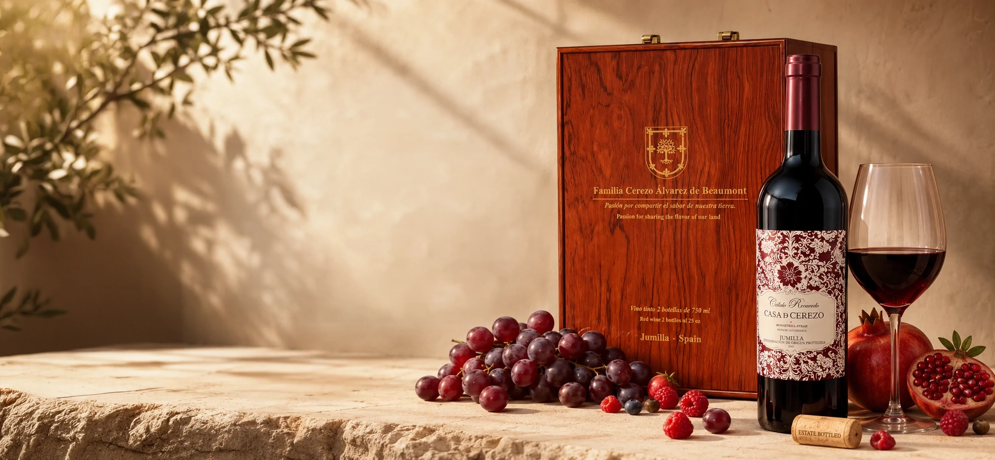 Estuche de madera y botella Casa de Cerezo con copa y frutos rojos