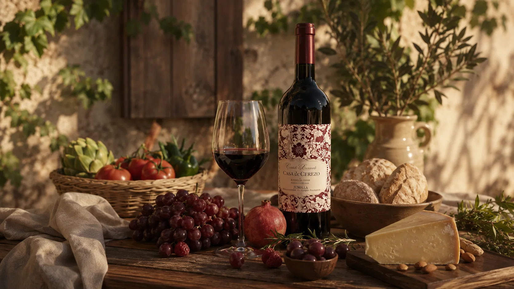 Bodegón mediterráneo con botella Casa de Cerezo, copa de vino, uvas, granada y queso