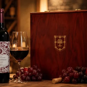 Bodegón en bodega con botella Cálido Recuerdo, copa, estuche de madera con escudo, uvas y granada