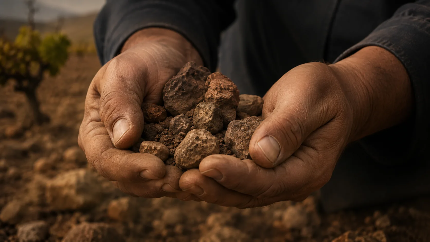 Manos de viticultor con tierra del terroir de Jumilla