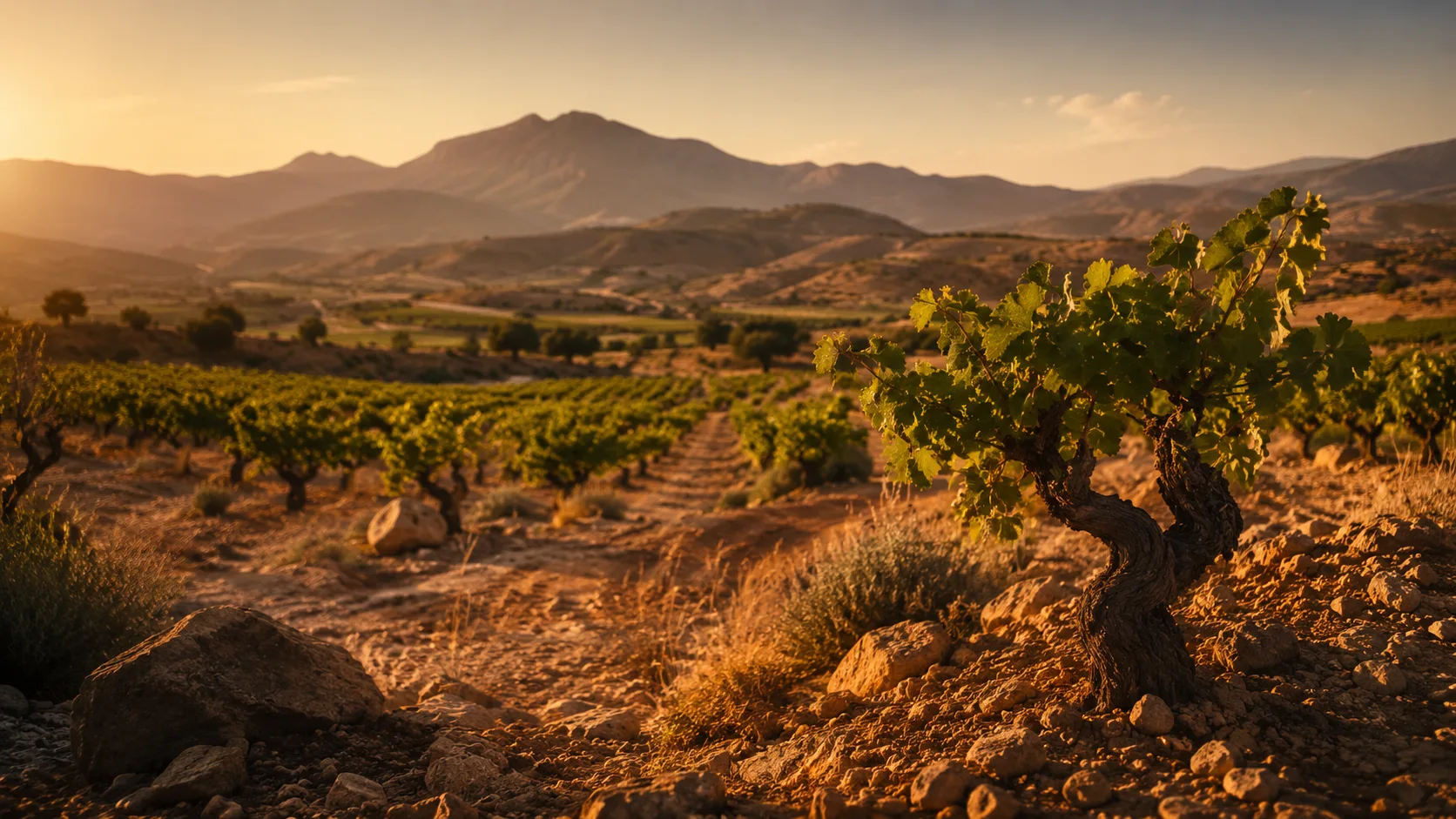 Viñedo de secano de Jumilla con cepa vieja y montañas al atardecer